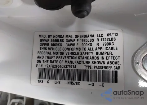 2012 Honda Civic Lx from USA, damaged, VIN 19XFB2F54CE379714